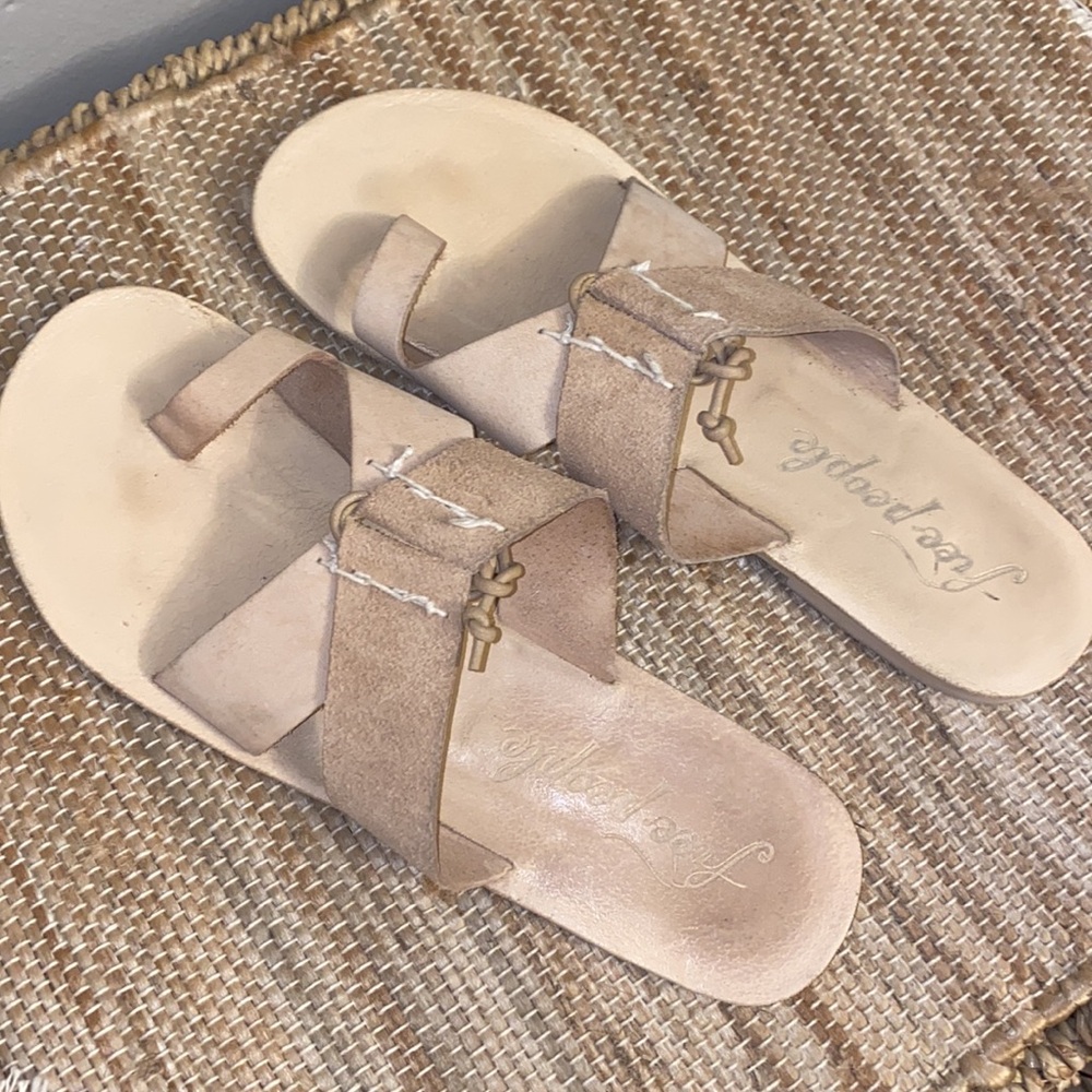 Free People Beige Suede Slide Sandals with Brass Toggle Accent